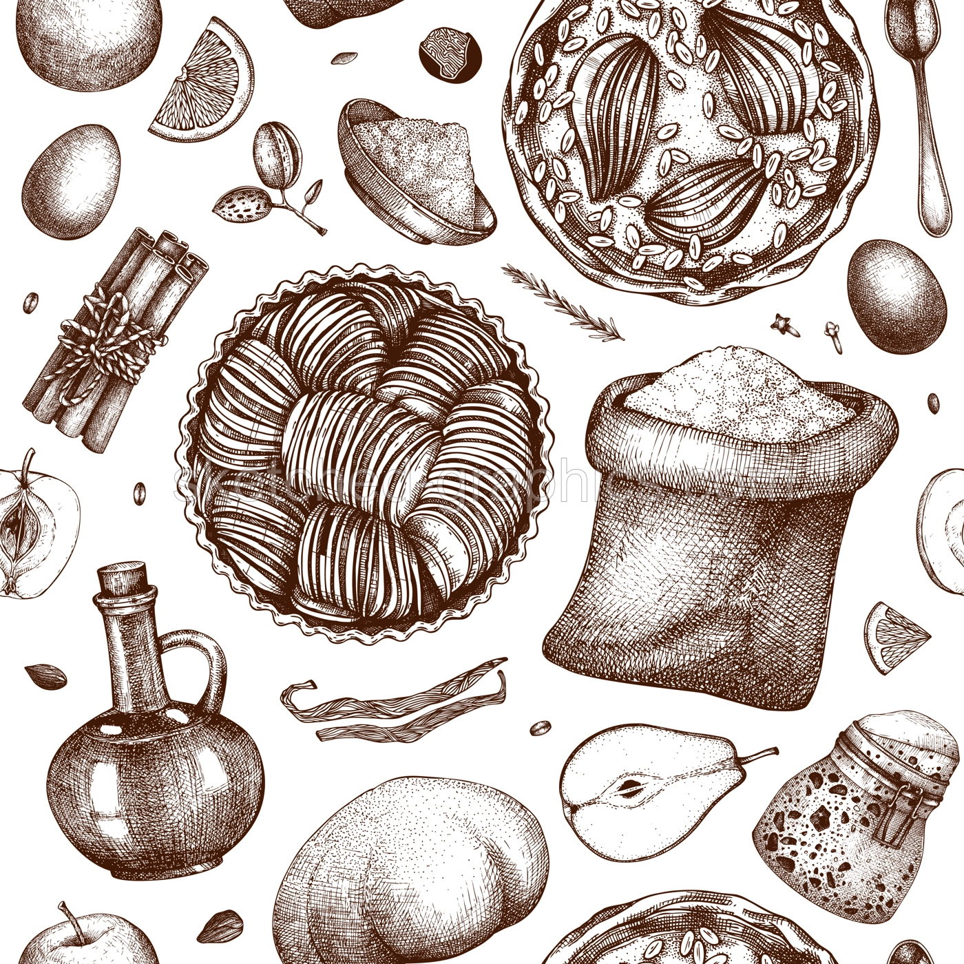 Fruits cakes cooking process background. Seamless pattern with hand drawn baking cakes, pies, dough, kitchen stuff, ingredients. For Cooking at home, step-by-step recipes or online cooking classes Illustration